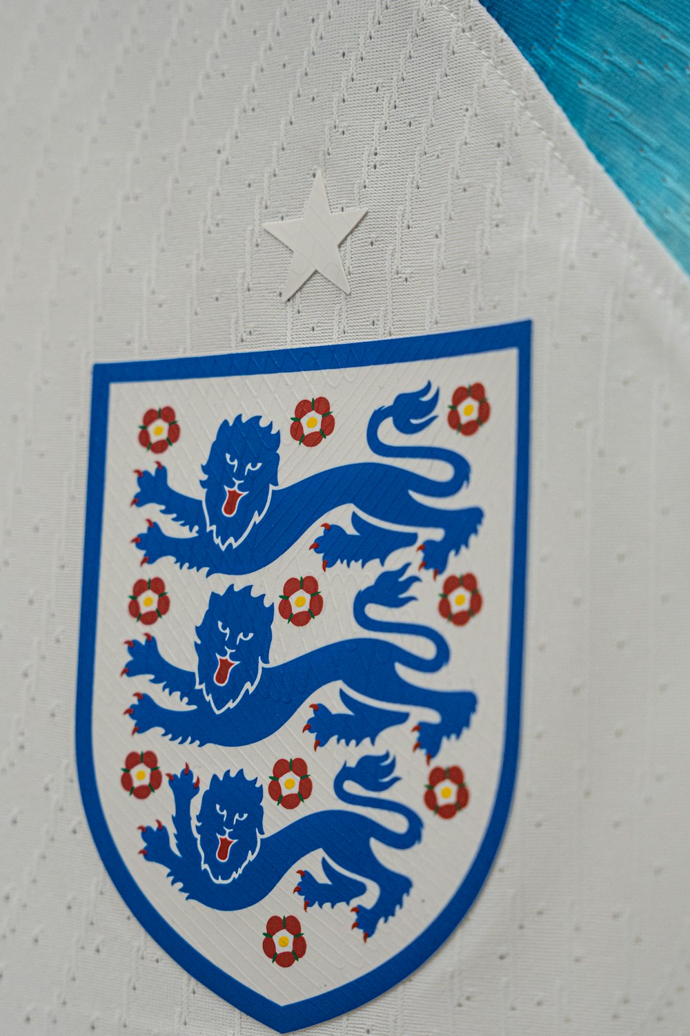 a close up of a blue and white soccer jersey