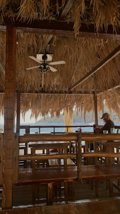 A rustic beachfront bar with wooden furniture and a thatched roof. The interior is shaded and features a ceiling fan. A person is sitting at one of the tables, facing the ocean view in the background.