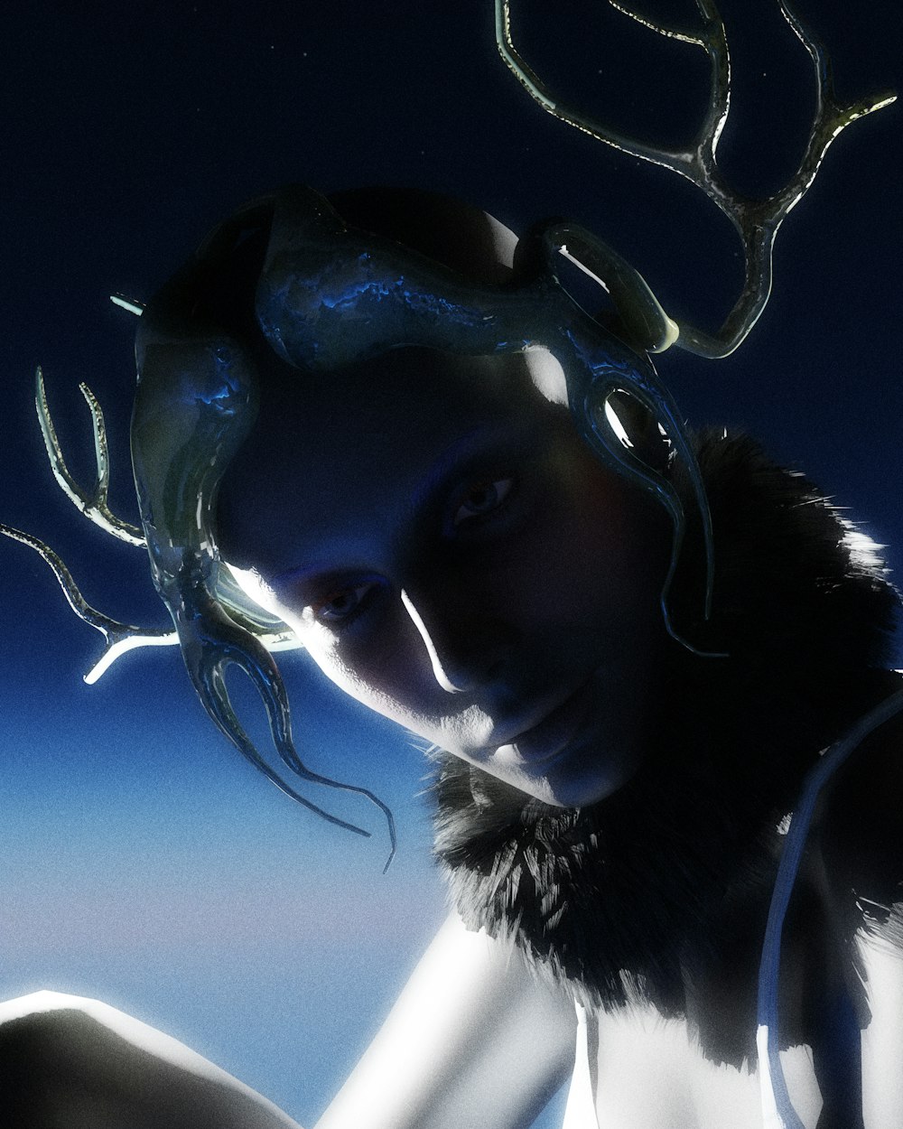a digital painting of a woman with a deer antlers on her head