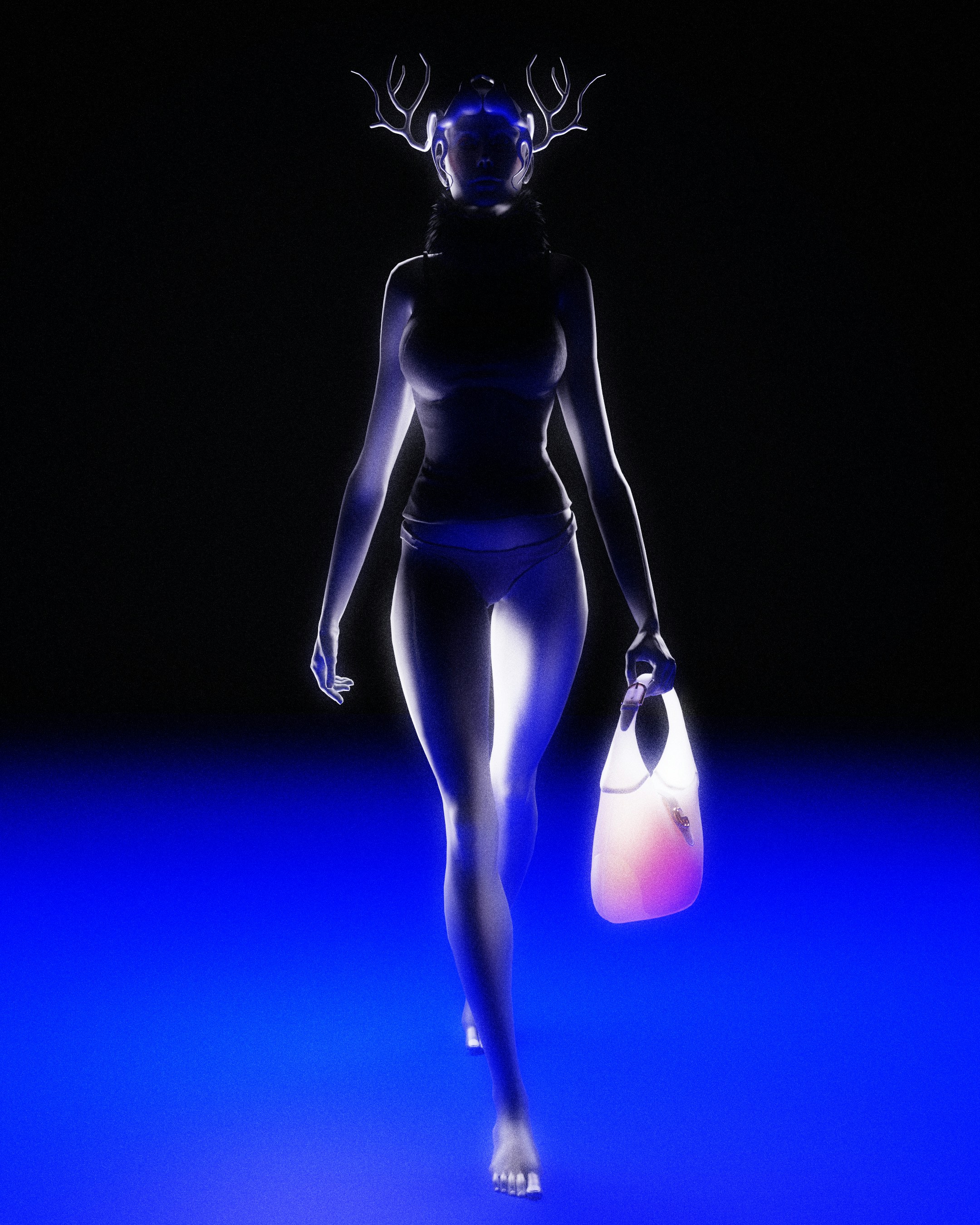 a woman walking down a runway holding a bag