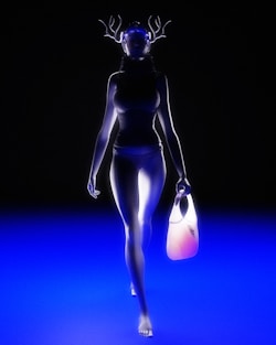 A futuristic figure stands against a dark background, illuminated by a striking blue light. The figure has deer-like antlers and holds a glowing bag in one hand. Their silhouette is sleek and shadowed, creating a mysterious atmosphere.