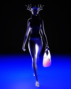 A futuristic figure stands against a dark background, illuminated by a striking blue light. The figure has deer-like antlers and holds a glowing bag in one hand. Their silhouette is sleek and shadowed, creating a mysterious atmosphere.