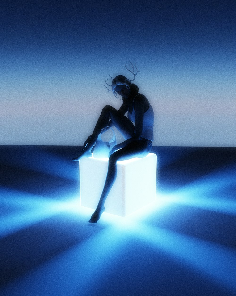 a woman sitting on a cube in the middle of the ocean