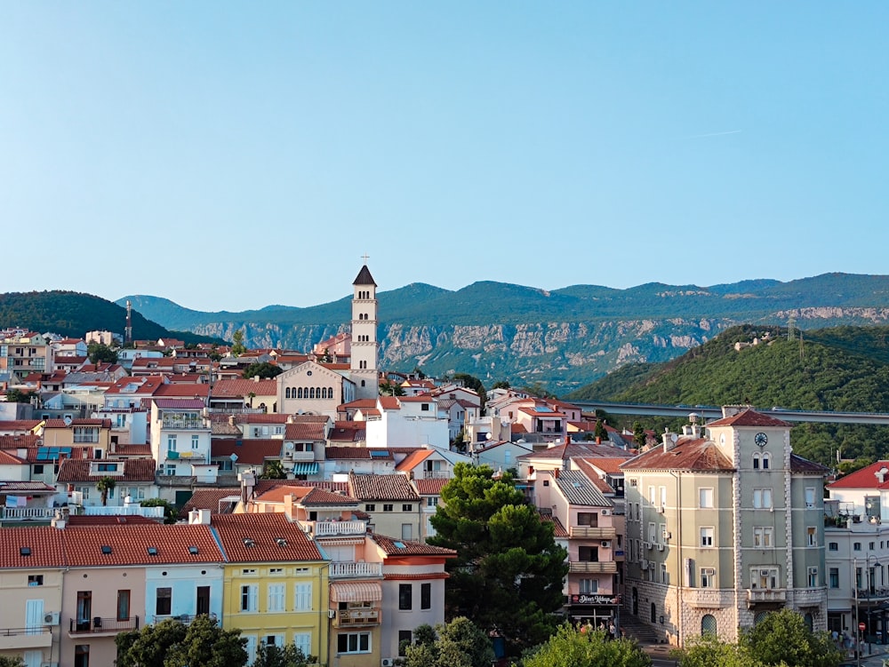 a view of a city with mountains in the background