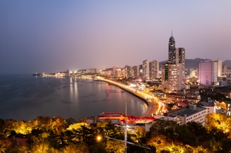 a view of a city and a body of water at night