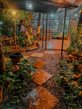 A cozy backyard illuminated by soft solar garden lights along a stone pathway at dusk.