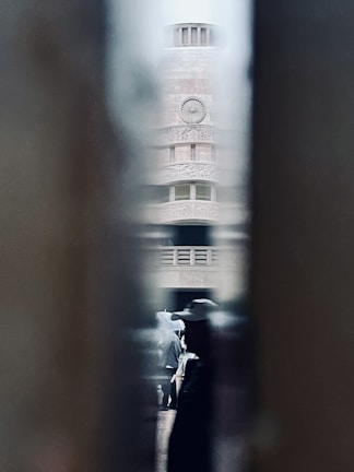 A tall structure, resembling a stone tower with intricate carvings and a prominent circular emblem. The foreground is blurred, showing the silhouette of a person wearing a hat and cloak, suggesting a mysterious or secretive scene.
