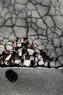 Cracked asphalt pavement with visible underlying stones and gravel. A small patch of green vegetation emerges through the cracks. The surface has a rough, uneven texture with varying shades of gray.
