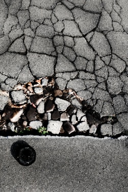 Cracked asphalt pavement with visible underlying stones and gravel. A small patch of green vegetation emerges through the cracks. The surface has a rough, uneven texture with varying shades of gray.