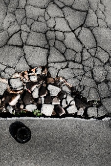 Cracked asphalt pavement with visible underlying stones and gravel. A small patch of green vegetation emerges through the cracks. The surface has a rough, uneven texture with varying shades of gray.
