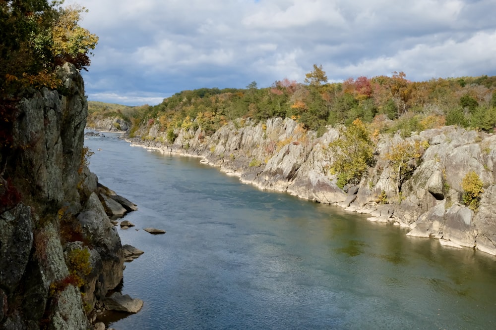 a body of water surrounded by rocks and trees