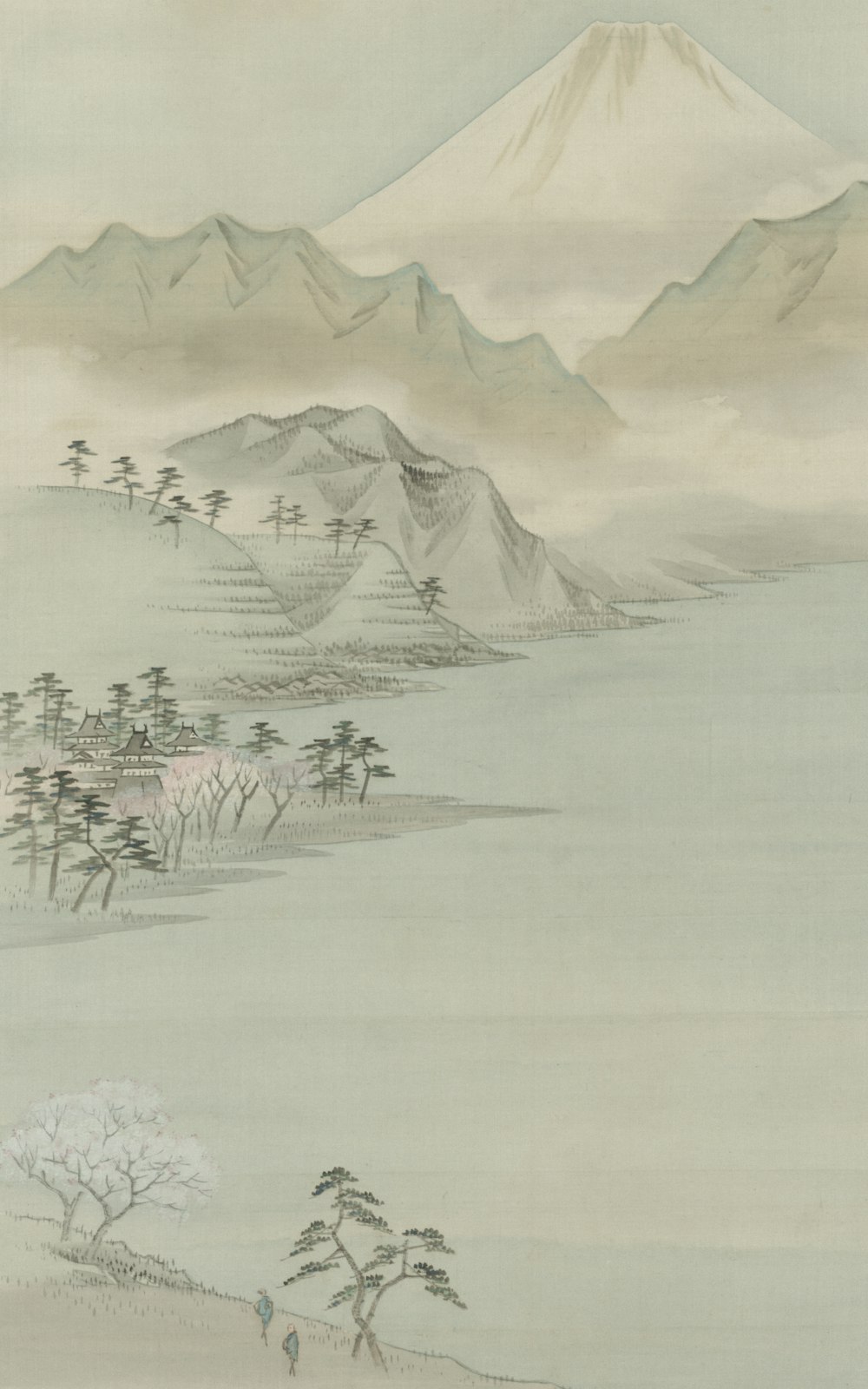 a painting of a landscape with a mountain in the background