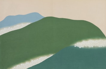 A minimalist landscape featuring abstract shapes of rolling hills in gradient shades of green and blue. Soft, subtle patterns of white suggest small clusters of flowers or light on the hillside. The background is a pale, neutral color, evoking a serene atmosphere.