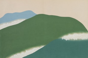 A minimalist landscape featuring abstract shapes of rolling hills in gradient shades of green and blue. Soft, subtle patterns of white suggest small clusters of flowers or light on the hillside. The background is a pale, neutral color, evoking a serene atmosphere.