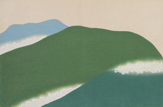 A minimalist landscape featuring abstract shapes of rolling hills in gradient shades of green and blue. Soft, subtle patterns of white suggest small clusters of flowers or light on the hillside. The background is a pale, neutral color, evoking a serene atmosphere.