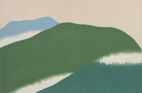 A minimalist landscape featuring abstract shapes of rolling hills in gradient shades of green and blue. Soft, subtle patterns of white suggest small clusters of flowers or light on the hillside. The background is a pale, neutral color, evoking a serene atmosphere.
