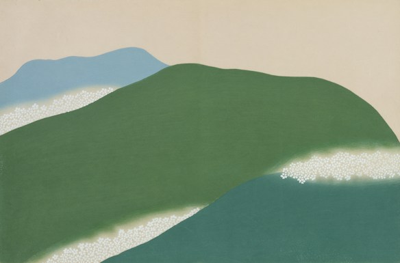 A minimalist landscape featuring abstract shapes of rolling hills in gradient shades of green and blue. Soft, subtle patterns of white suggest small clusters of flowers or light on the hillside. The background is a pale, neutral color, evoking a serene atmosphere.