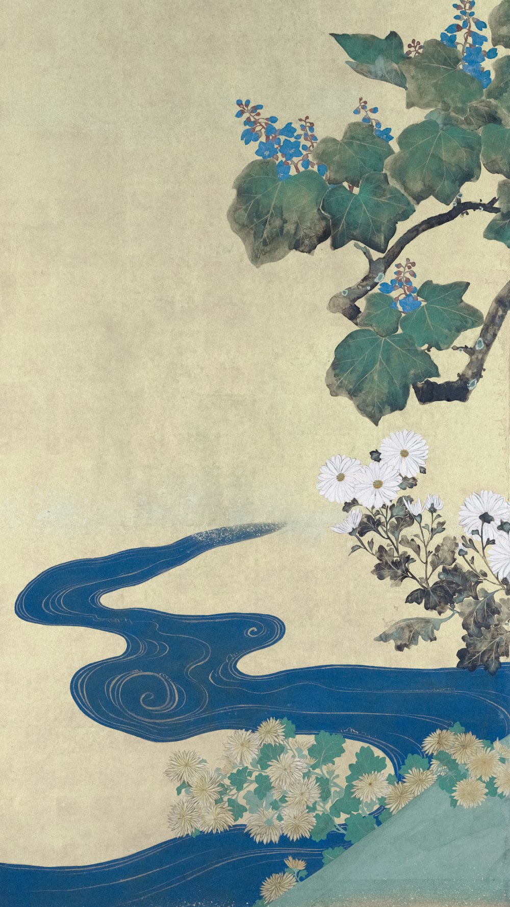 a painting of a river and flowers on a wall