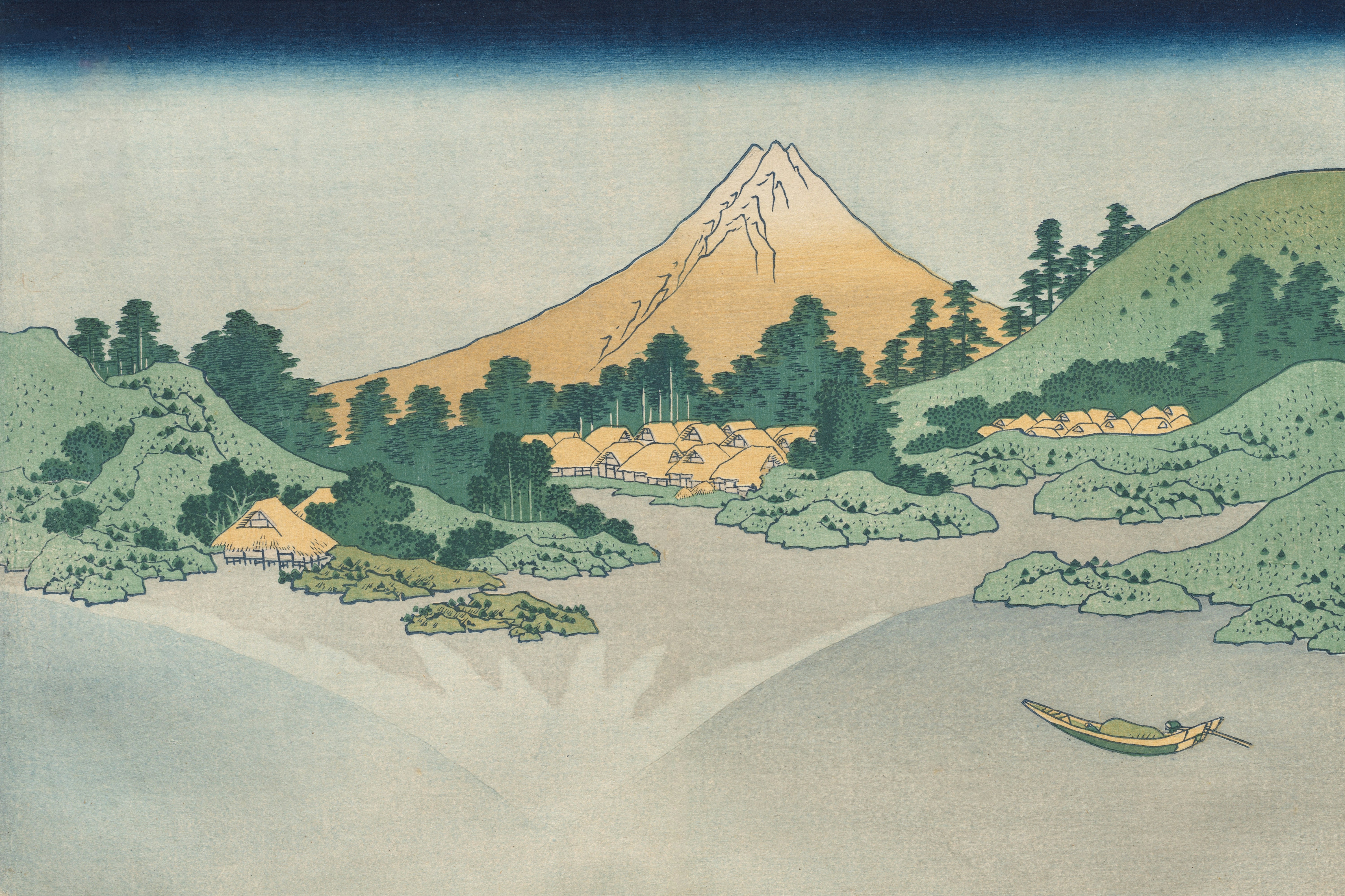 a painting of a boat on a river with a mountain in the background