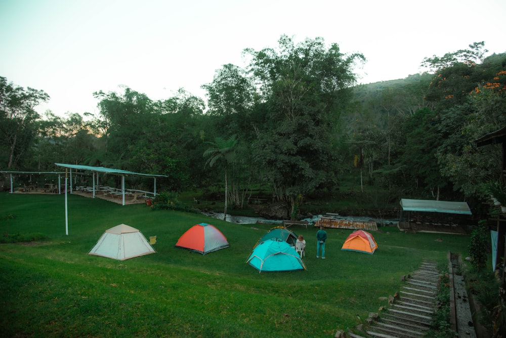 a group of tents sitting on top of a lush green field