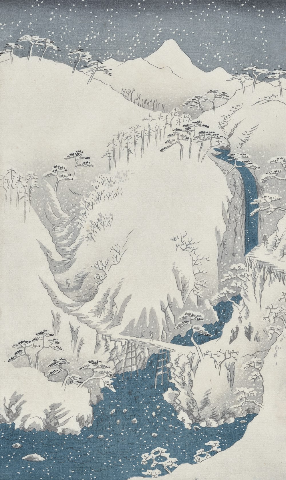 a painting of a snowy landscape with a stream