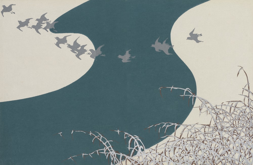 a painting of birds flying over a body of water