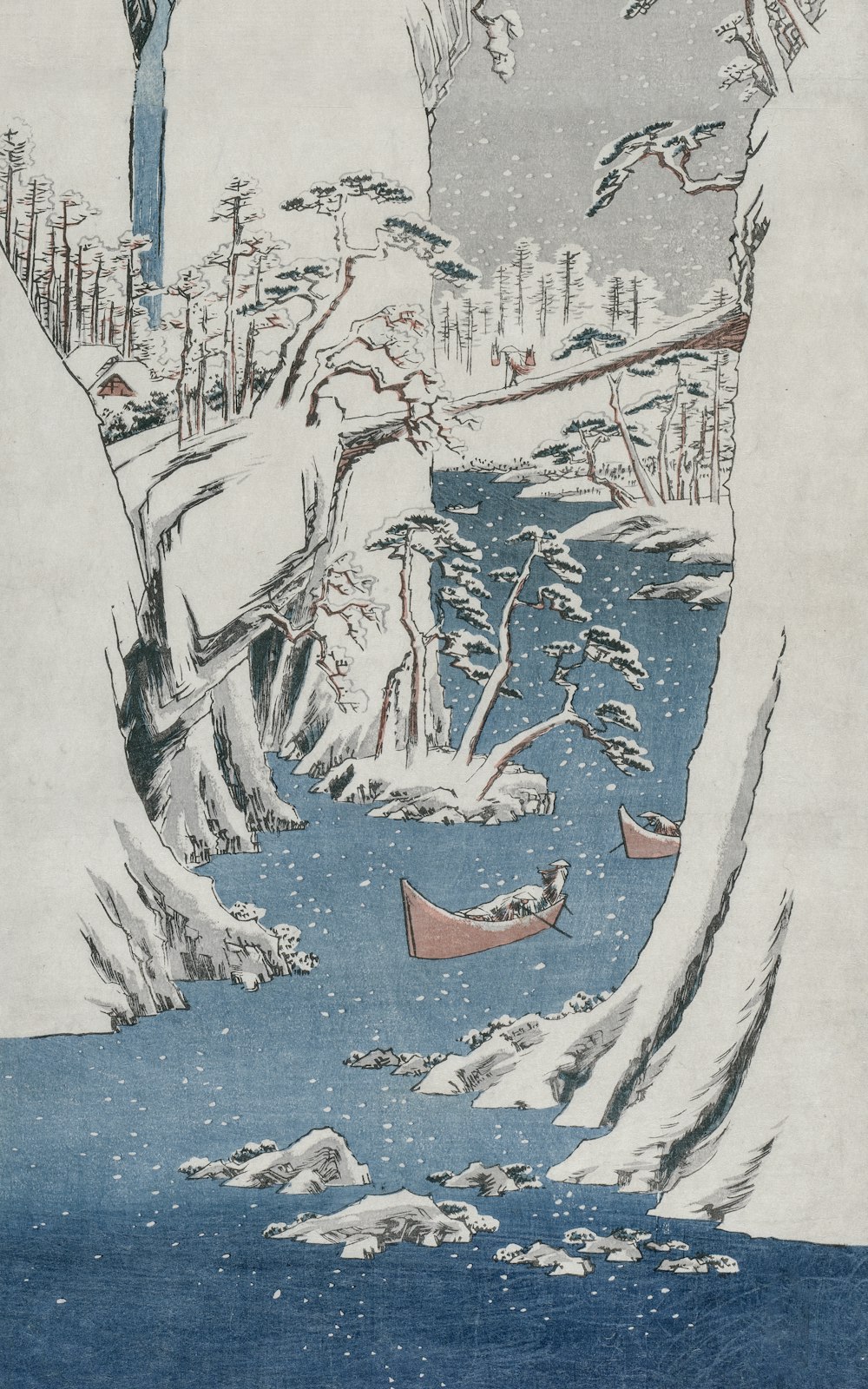 un dipinto di un paesaggio innevato con una barca nell'acqua