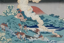 A traditional Japanese landscape with several people wearing straw hats and garments, engaged in work along a river. They are washing cloth, and smoke rises prominently in the background. A small thatched building sits amidst lush green trees and rolling hills, with a distant red mountain in the background.