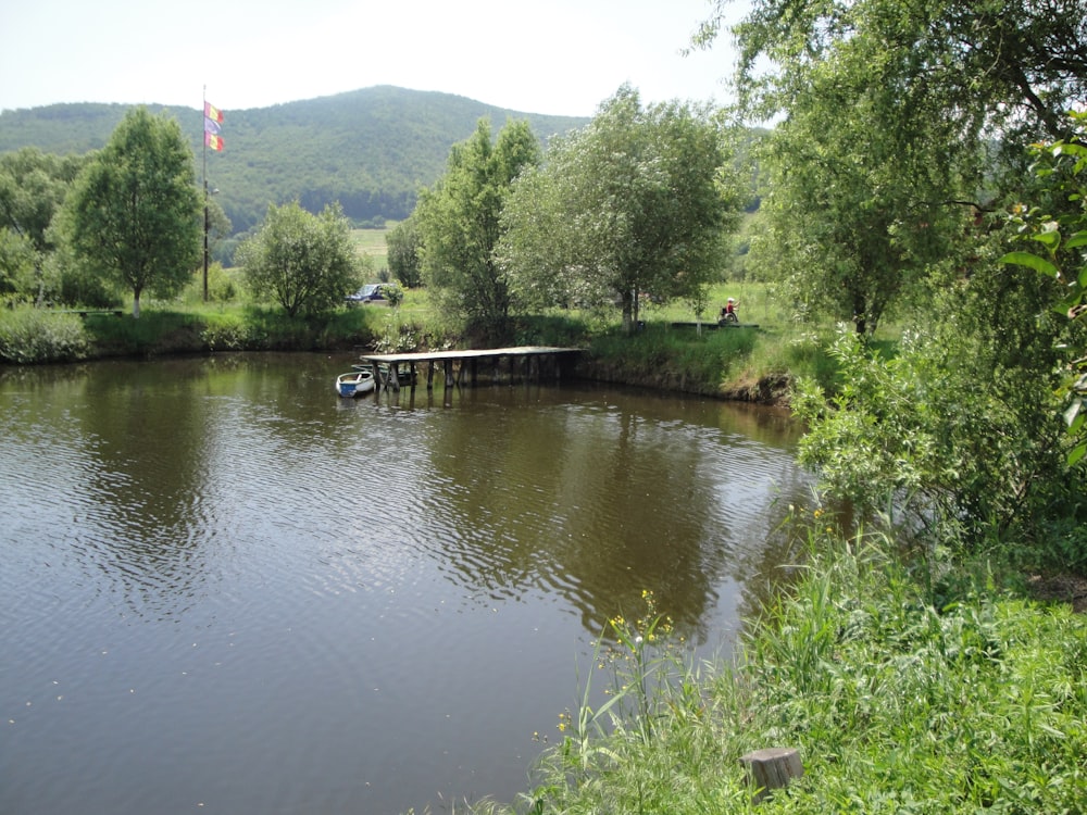 a lake with a dock in the middle of it