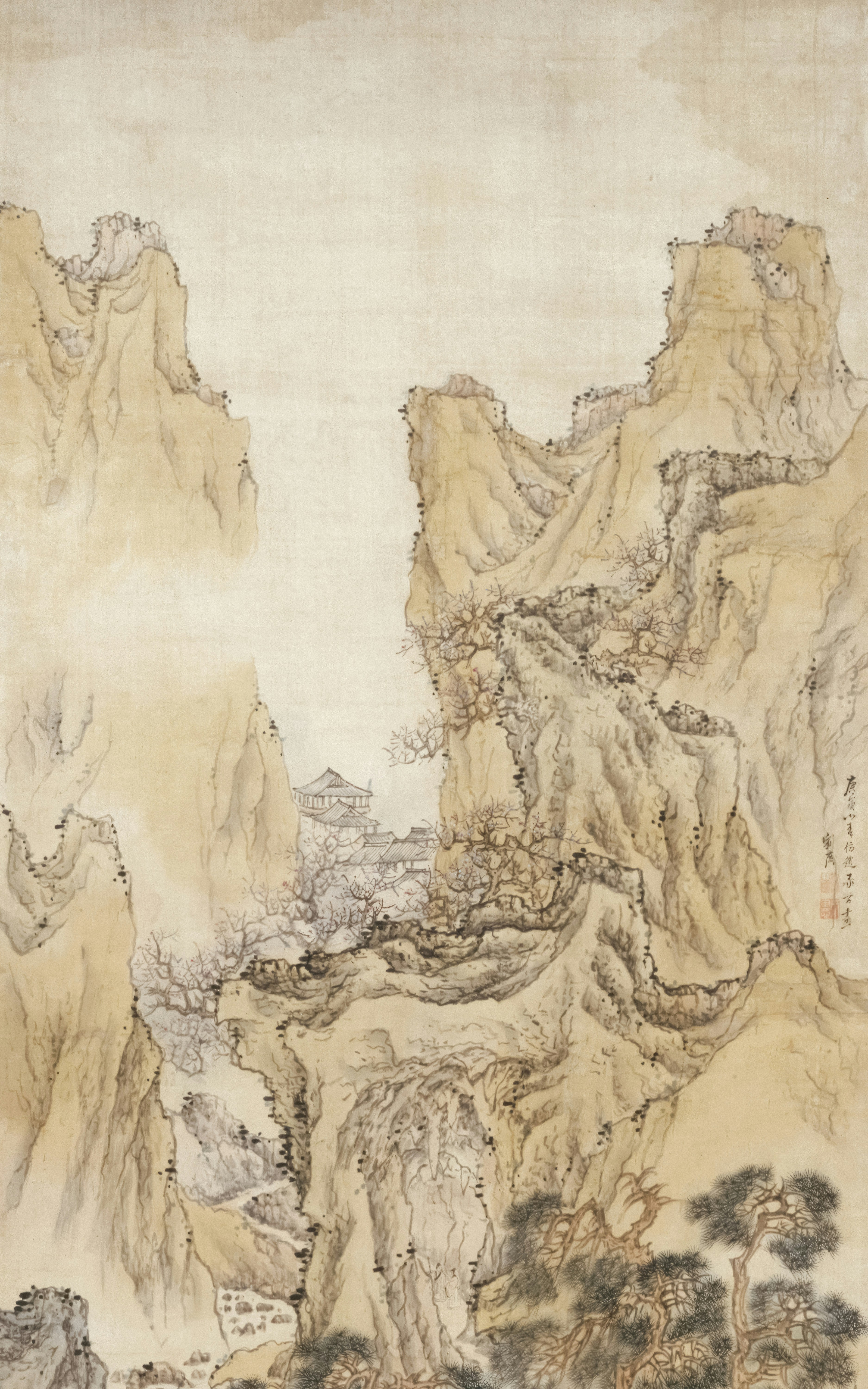 a painting with mountains and trees in the background