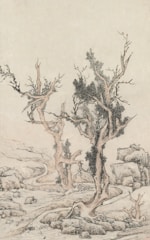 A traditional landscape artwork featuring barren trees with gnarled branches and sporadic foliage. The background includes rocky terrain with a winding path or stream that traverses the scenery, creating an impression of depth and wilderness.