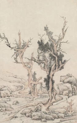 A traditional landscape artwork featuring barren trees with gnarled branches and sporadic foliage. The background includes rocky terrain with a winding path or stream that traverses the scenery, creating an impression of depth and wilderness.
