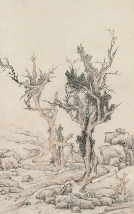 A traditional landscape artwork featuring barren trees with gnarled branches and sporadic foliage. The background includes rocky terrain with a winding path or stream that traverses the scenery, creating an impression of depth and wilderness.