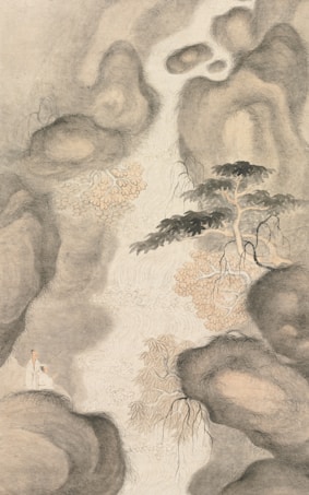 A traditional Asian painting featuring a serene landscape with flowing water amidst rocky formations. A lone tree with a slender trunk and sparse foliage stands prominently. Two figures dressed in traditional attire stand on the left, seemingly observing the scene. The surrounding rocks are textured, creating a sense of depth and tranquility.