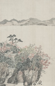 a painting of a landscape with mountains in the background