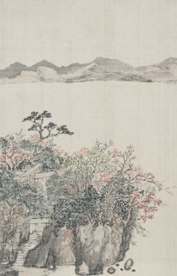a painting of a landscape with mountains in the background