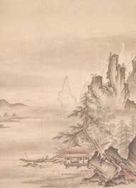 Subtle layering of traditional Chinese landscape painting motifs blended with geometric time mapping.