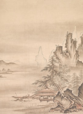 A traditional Asian landscape painting featuring a serene setting with a thatched-roof house nestled among rocky cliffs and sparse trees. Mist partially obscures the background, conveying a sense of tranquility and depth. The composition includes gently cascading rocks and finely detailed foliage.