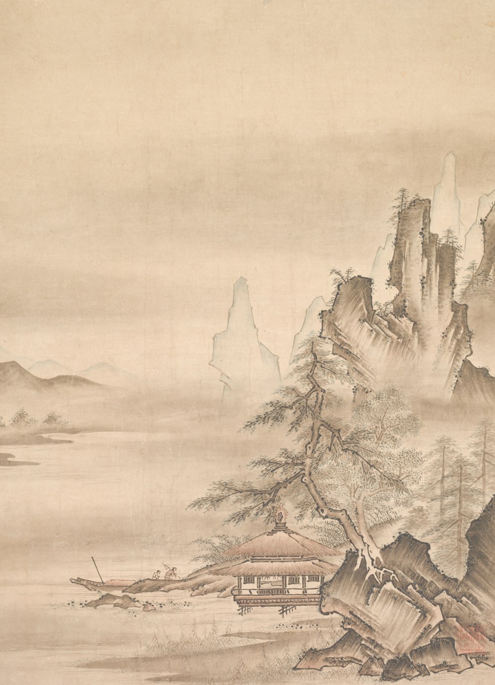 a painting of a landscape with mountains and trees