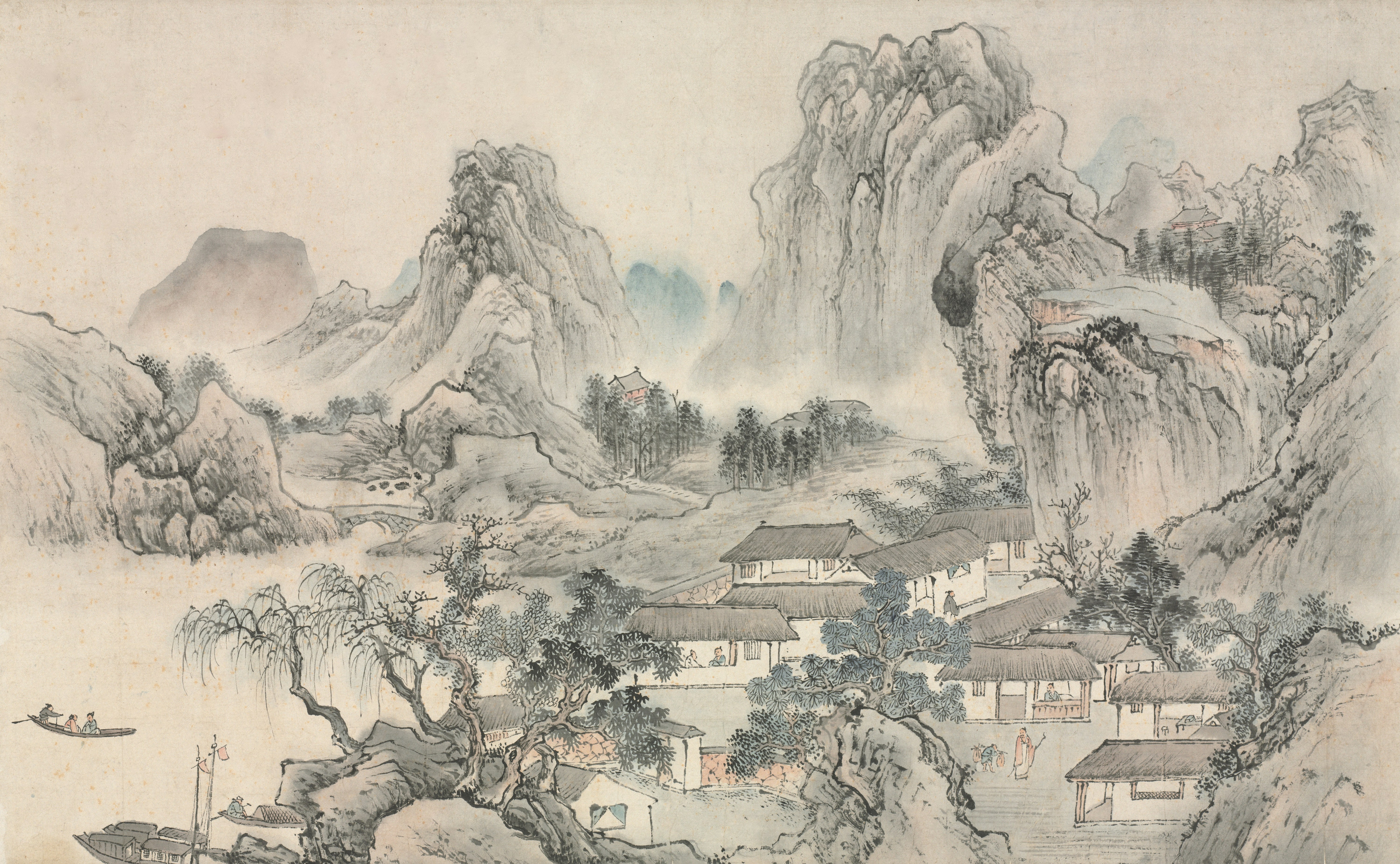 a painting of a mountain landscape with houses and trees