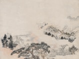 A serene landscape painting displayed in a bright studio.