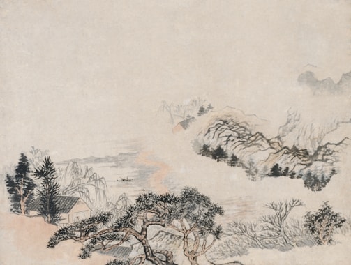 A traditional landscape painting depicting a serene scene with mountains, trees, and a small house. The misty atmosphere creates a tranquil and ethereal mood. Delicate brushwork captures the essence of nature with soft colors and flowing lines.