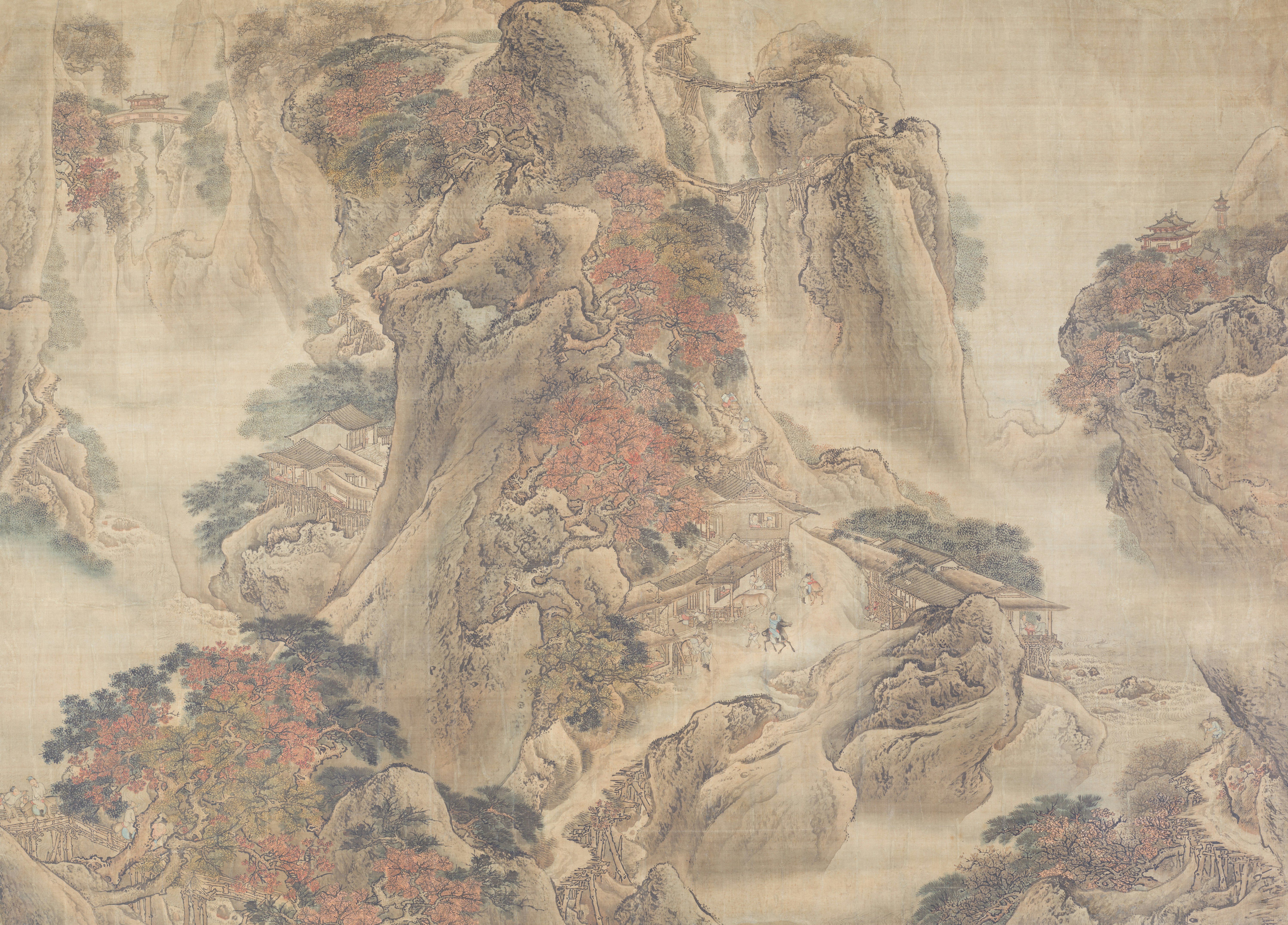 a painting of a mountain with trees and rocks