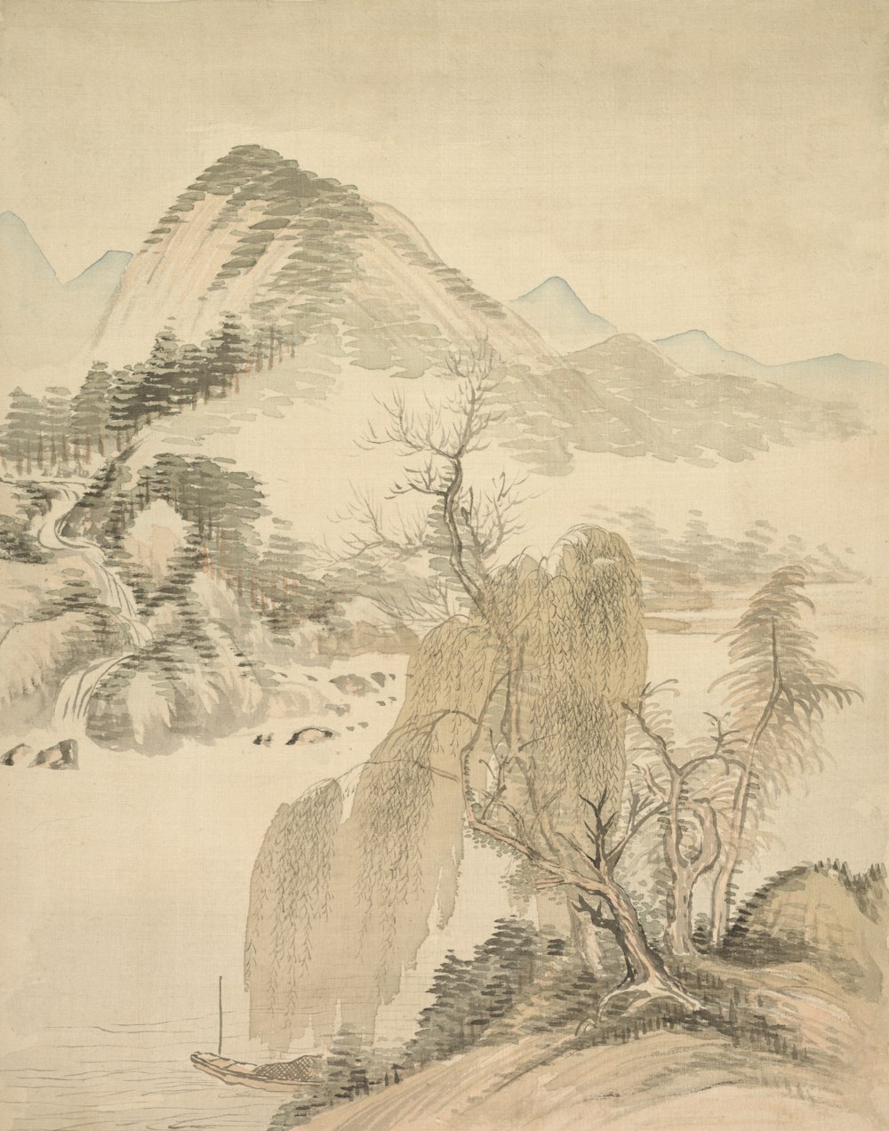 a painting with a mountain in the background