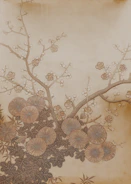 Stylized illustration of a cherry blossom branch with subtle waves in blue background.