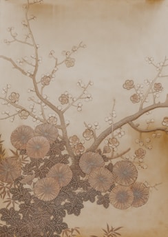 A delicate illustration of a flowering branch, featuring intricate details of blossoms and leaves. The branches are adorned with small flowers, possibly cherry blossoms, and larger chrysanthemums. The background is a soft beige, enhancing the natural elegance of the scene.