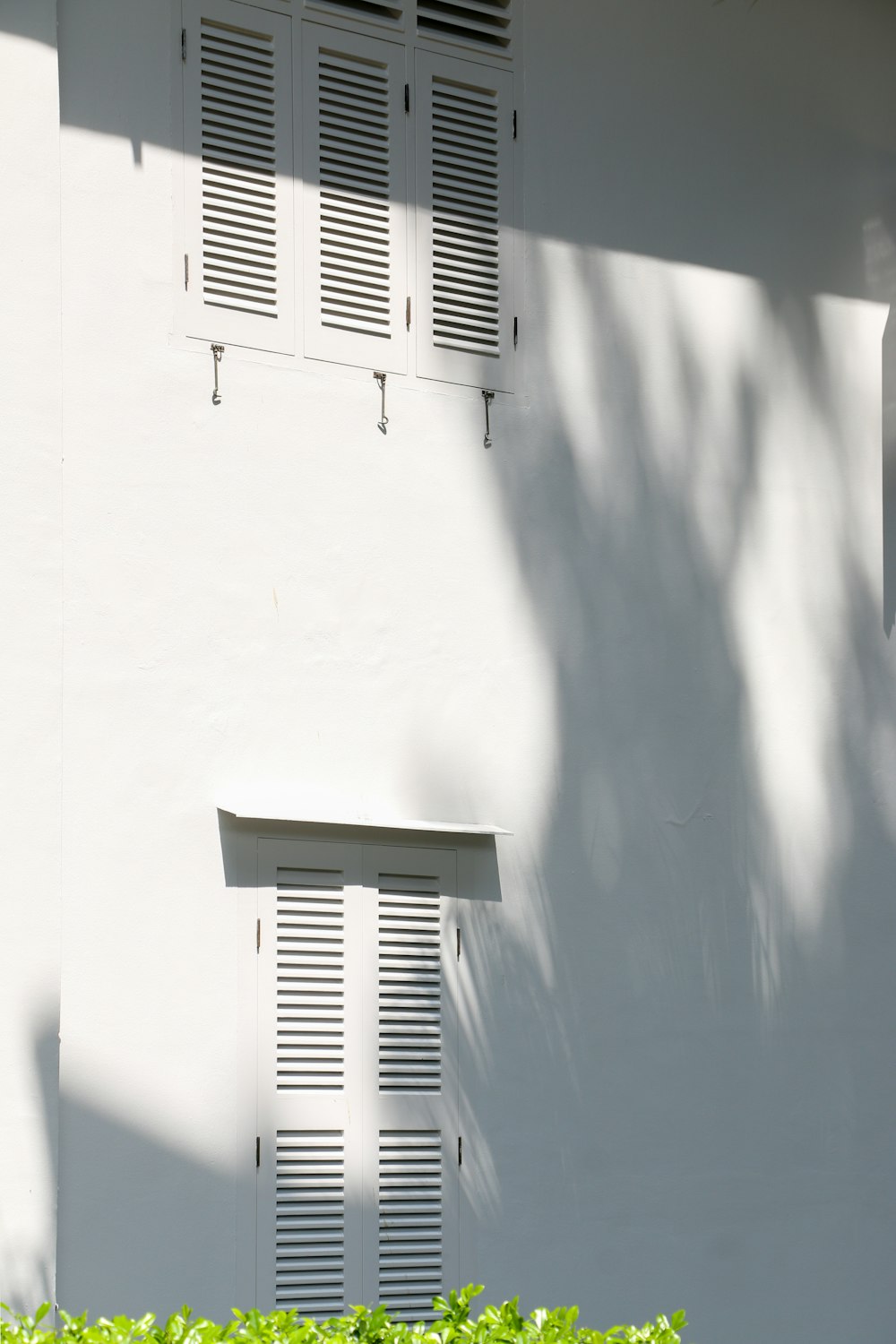 a white building with white shutters and green plants
