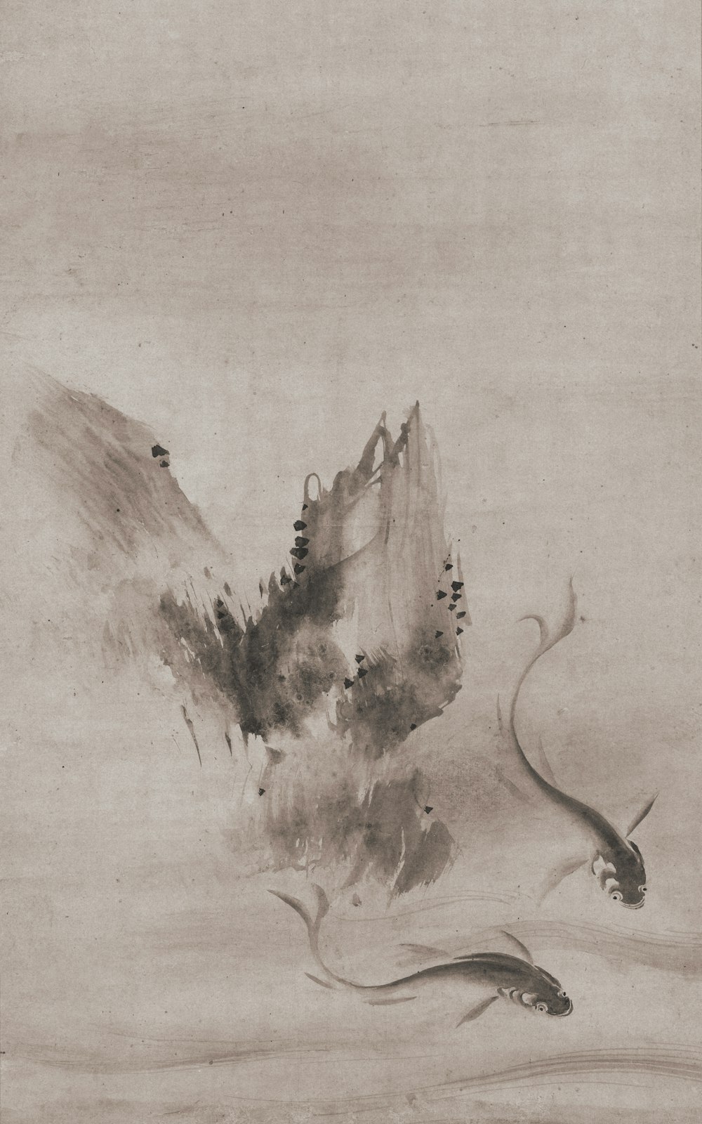 a painting of a mountain with a bird flying over it