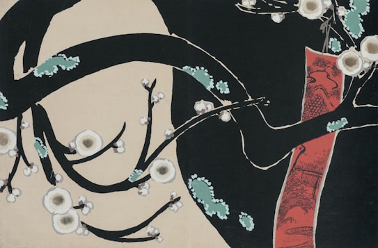 A stylized depiction of a tree branch with blossoming flowers against a contrasting background. The branches are elegantly curved and adorned with white blossoms, and there is a vertical red element featuring intricate patterns.