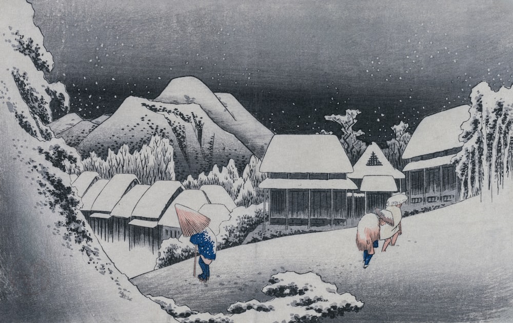 a painting of two people walking in the snow